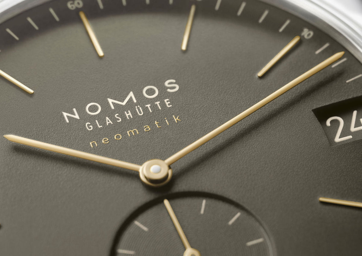Nomos Glashutte Watch Orion Neomatik 41 Date Olive Gold Sapphire Crystal