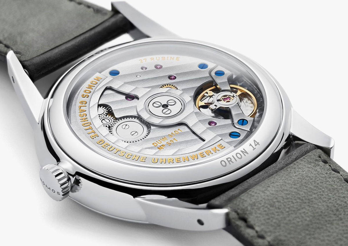 Nomos Glashutte Watch Orion Neomatik 41 Date Olive Gold Sapphire Crystal