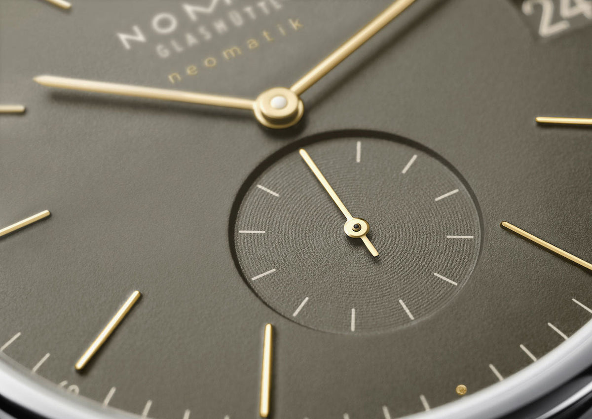 Nomos Glashutte Watch Orion Neomatik 41 Date Olive Gold Sapphire Crystal
