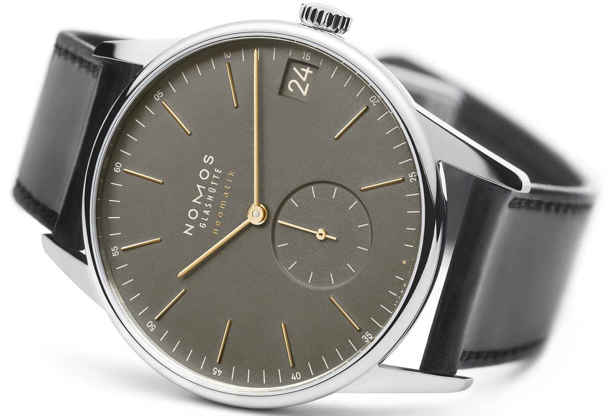 Nomos Glashutte Watch Orion Neomatik 41 Date Olive Gold Sapphire Crystal